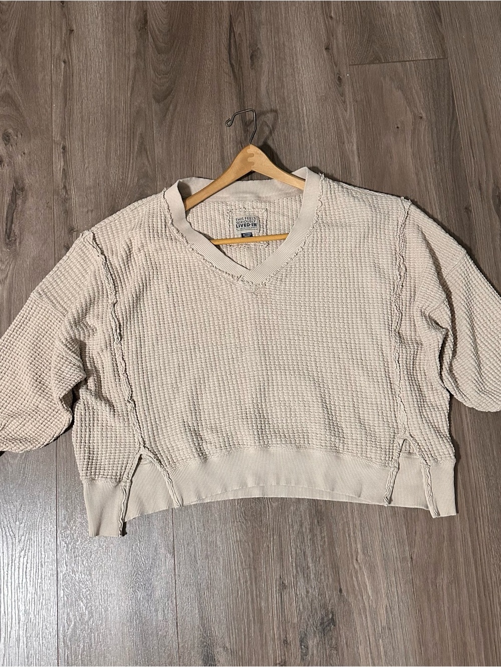 American Eagle Outfitters Cream Sweater Waffle Knit V-Neck